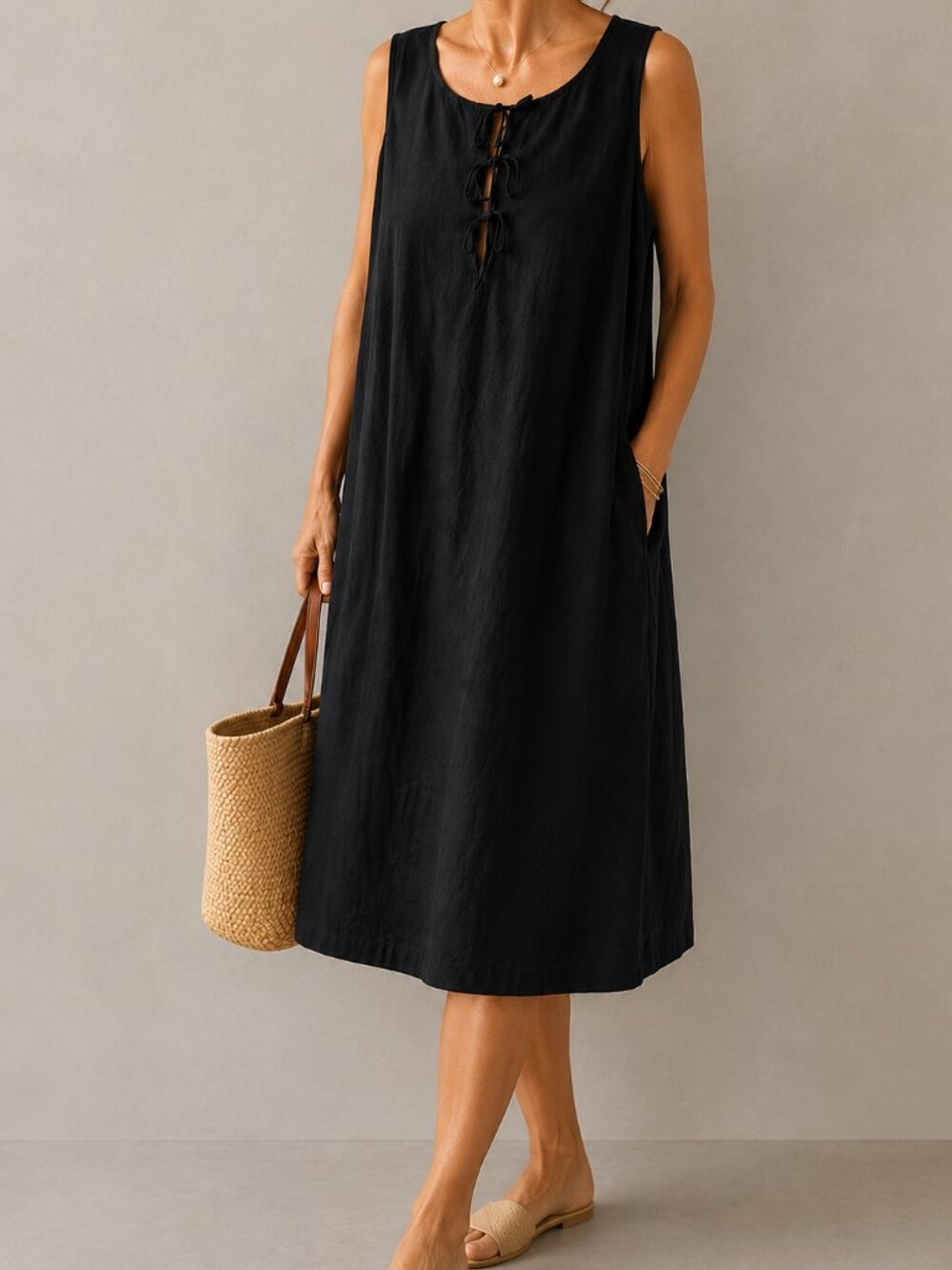 NWT Nicole Miller New York Linen Blend Lined Sleeveless Dress Black Size 1X